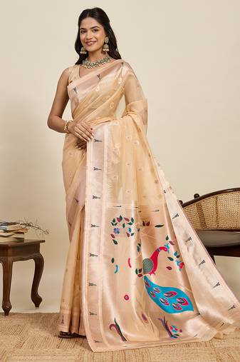 Beige meenakari motifs design semi cotton silk paithani saree with blouse