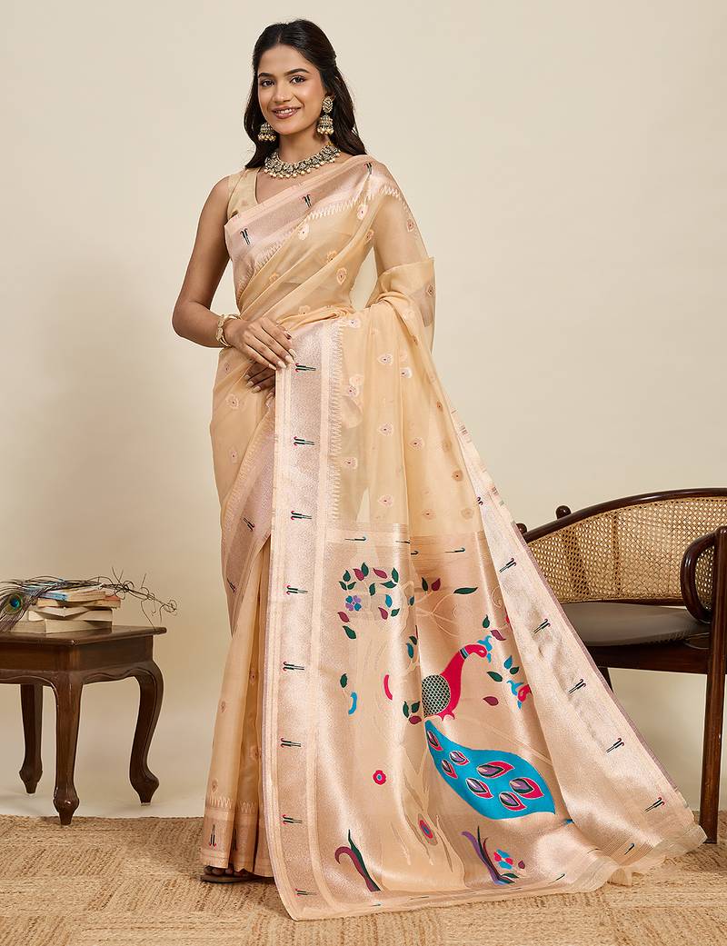 Beige meenakari motifs design semi cotton silk paithani saree with blouse