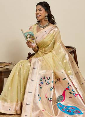 Light yellow meenakari motifs design semi cotton silk paithani saree with blouse 2