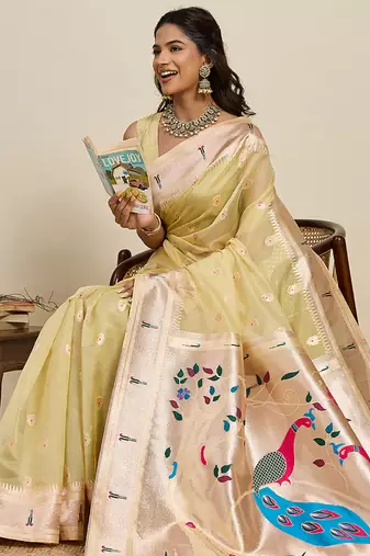 Light yellow meenakari motifs design semi cotton silk paithani saree with blouse