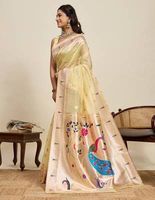 Light yellow meenakari motifs design semi cotton silk paithani saree with blouse 3