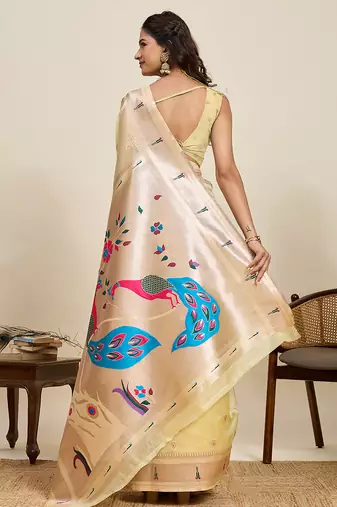 Light yellow meenakari motifs design semi cotton silk paithani saree with blouse