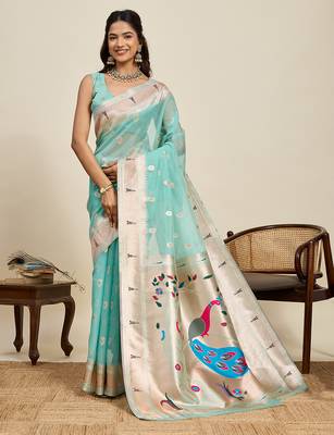 Sky blue meenakari motifs design semi cotton silk paithani saree with blouse 1