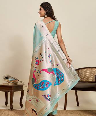 Sky blue meenakari motifs design semi cotton silk paithani saree with blouse 4