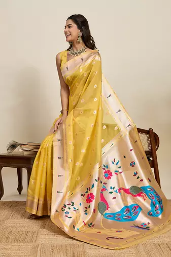 Yellow meenakari motifs design semi cotton silk paithani saree with blouse