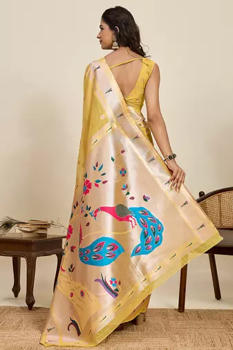 Yellow meenakari motifs design semi cotton silk paithani saree with blouse
