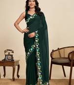 Dark green embellished floral print georgette bollywood saree with blouse