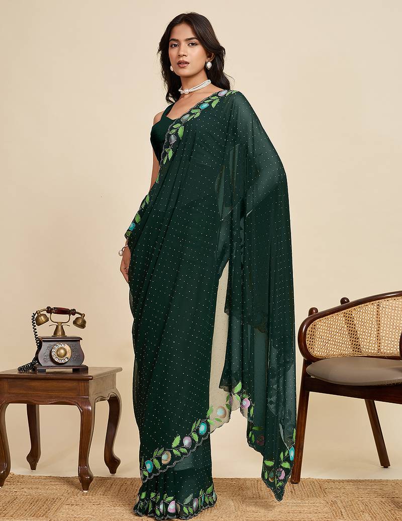 Dark green embellished floral print georgette bollywood saree with blouse