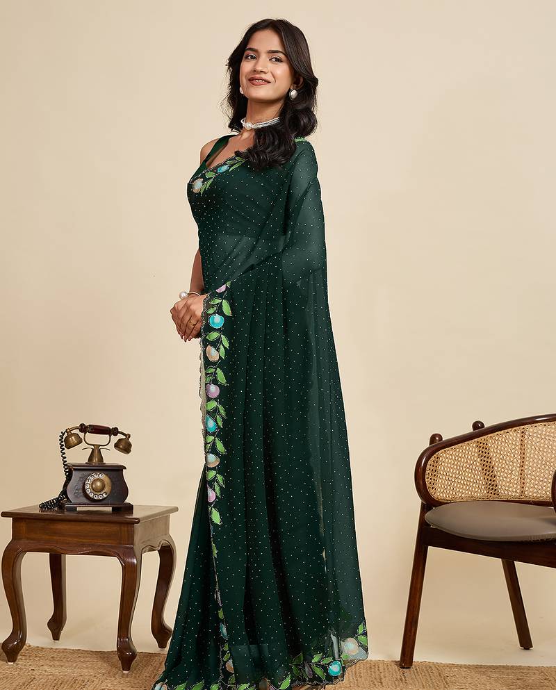Dark green embellished floral print georgette bollywood saree with blouse