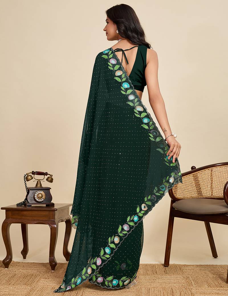 Dark green embellished floral print georgette bollywood saree with blouse
