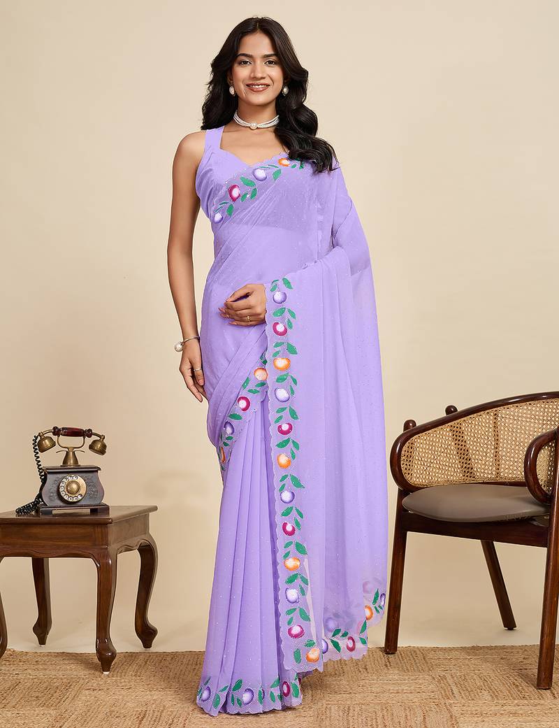 Lavender embellished floral print georgette bollywood saree with blouse