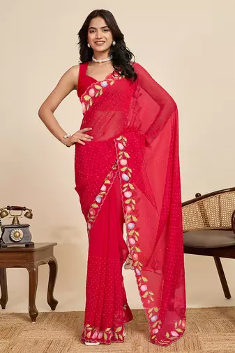 Red embellished floral print georgette bollywood saree with blouse