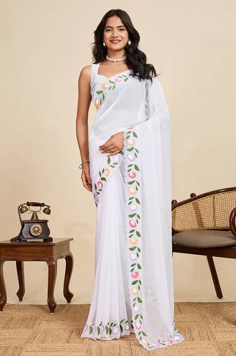 White embellished floral print georgette bollywood saree with blouse