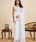 White embellished floral print georgette bollywood saree with blouse