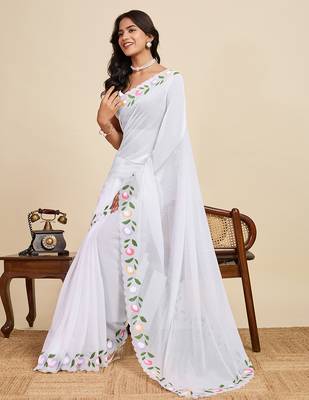 White embellished floral print georgette bollywood saree with blouse 2