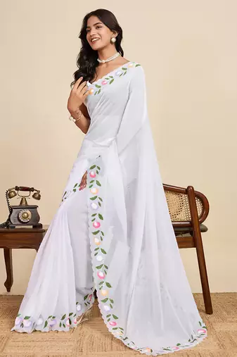 White embellished floral print georgette bollywood saree with blouse
