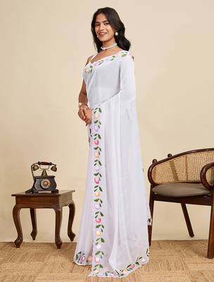 White embellished floral print georgette bollywood saree with blouse 3