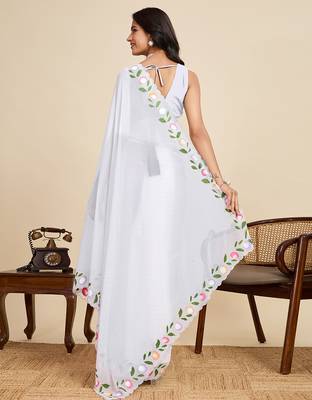 White embellished floral print georgette bollywood saree with blouse 4
