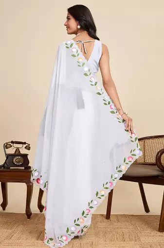 White embellished floral print georgette bollywood saree with blouse