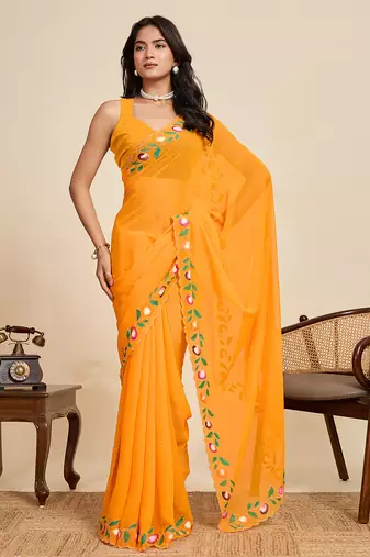 Yellow embellished floral print georgette bollywood saree with blouse