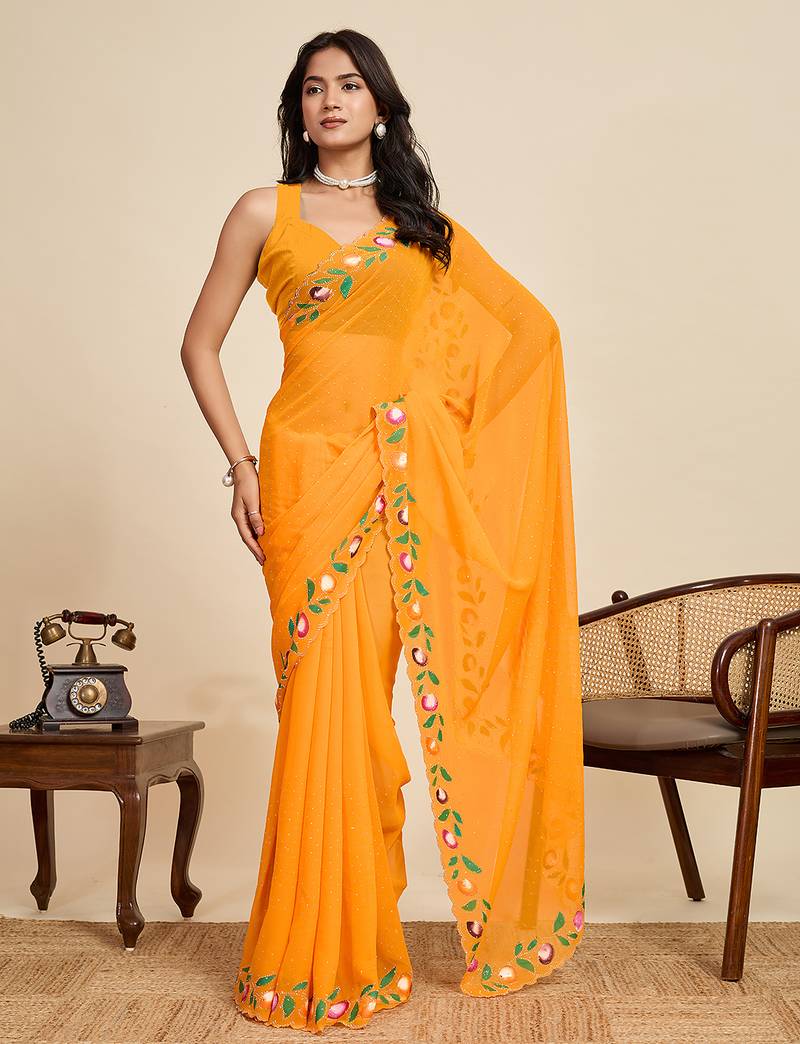 Yellow embellished floral print georgette bollywood saree with blouse