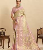 Green pink floral print woven semi silk banarasi saree with blouse