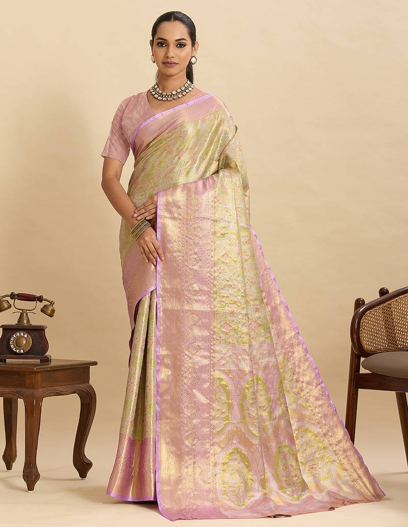 Green pink floral print woven semi silk banarasi saree with blouse