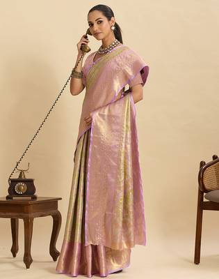 Green pink floral print woven silk blend banarasi saree with blouse 2