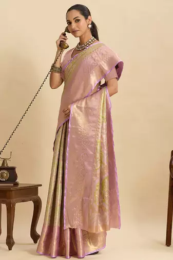 Green pink floral print woven semi silk banarasi saree with blouse