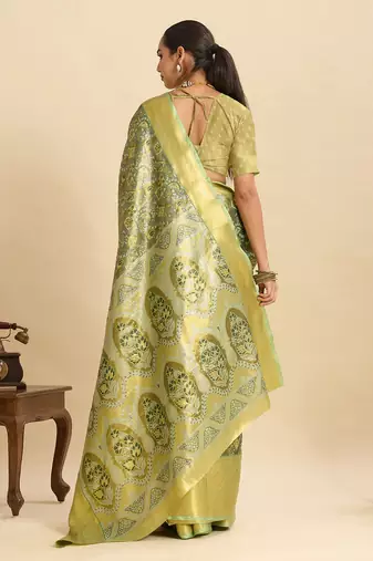Olive green floral print woven semi silk banarasi saree with blouse