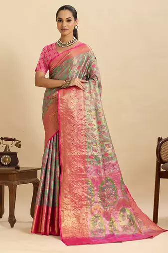 Olive green pink floral print woven semi silk banarasi saree with blouse