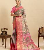 Olive green pink floral print woven semi silk banarasi saree with blouse