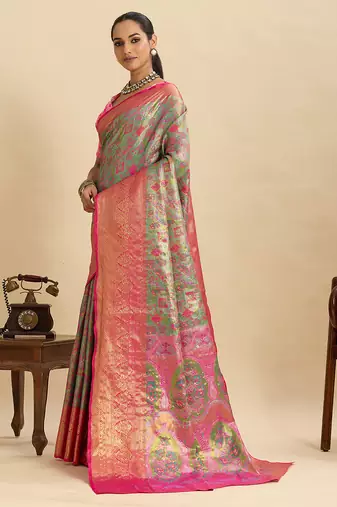 Olive green pink floral print woven semi silk banarasi saree with blouse