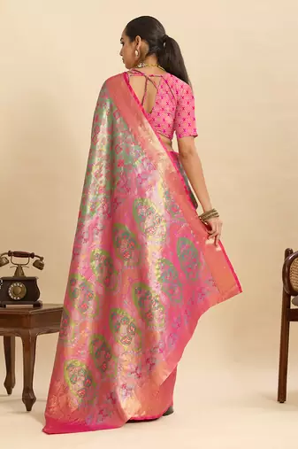 Olive green pink floral print woven semi silk banarasi saree with blouse