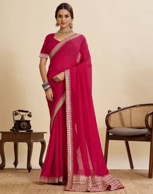 Rani pink embroidered vichitra soft silk bollywood saree with blouse 1
