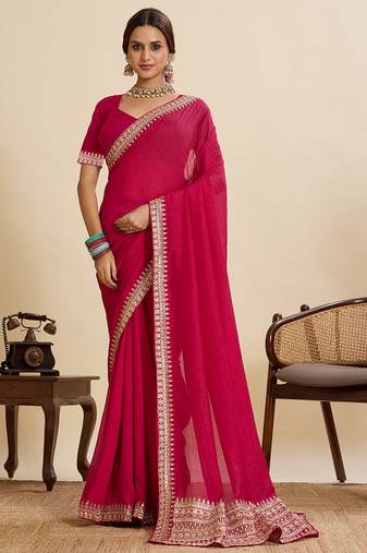 Rani pink embroidered vichitra soft silk bollywood saree with blouse