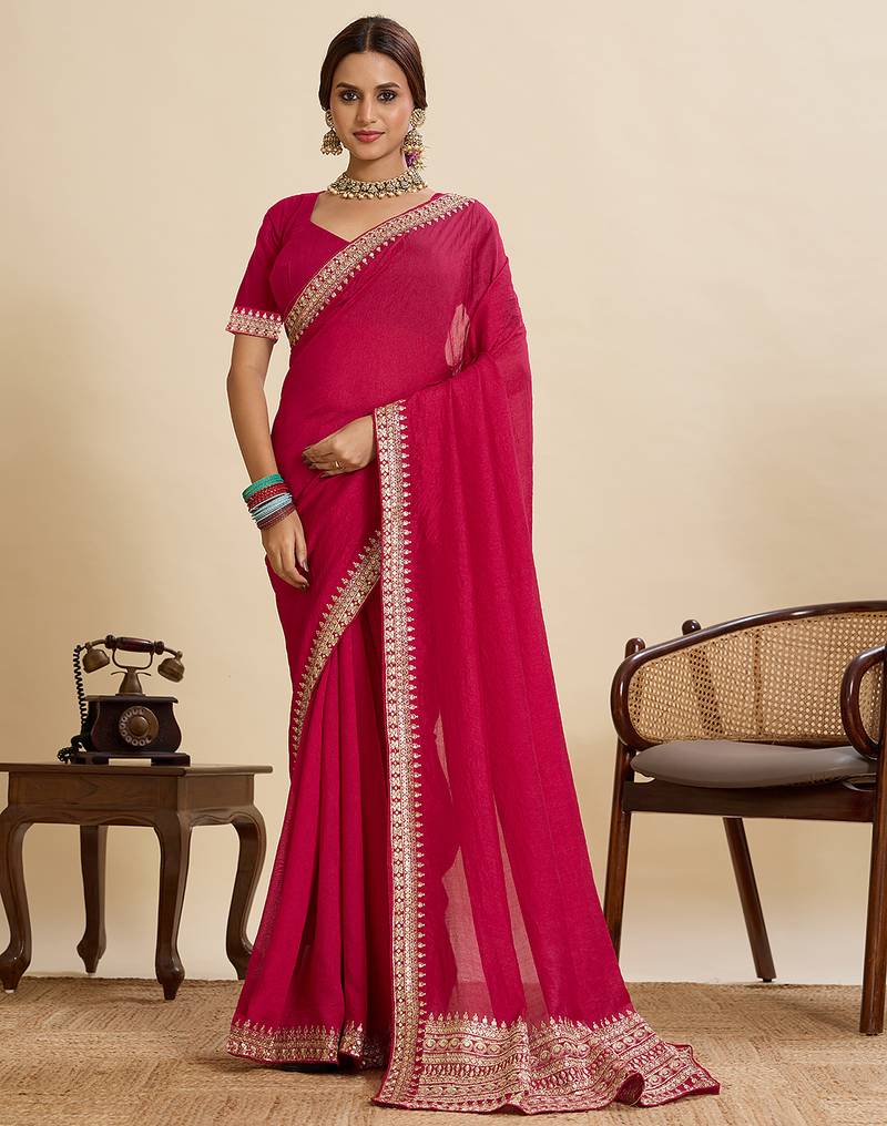 Rani pink embroidered vichitra soft silk bollywood saree with blouse