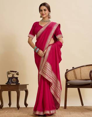 Rani pink embroidered vichitra soft silk bollywood saree with blouse 2