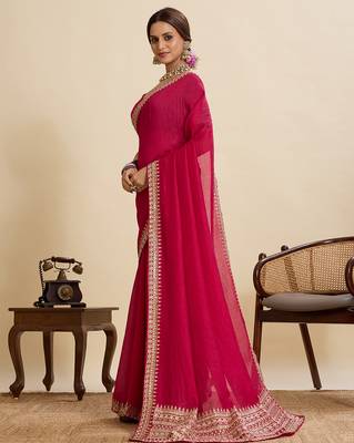 Rani pink embroidered vichitra soft silk bollywood saree with blouse 3