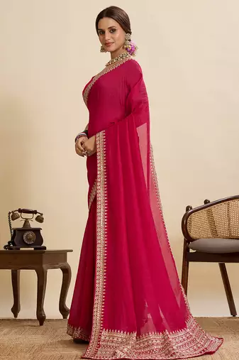 Rani pink embroidered vichitra soft silk bollywood saree with blouse