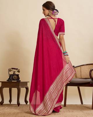 Rani pink embroidered vichitra soft silk bollywood saree with blouse 4