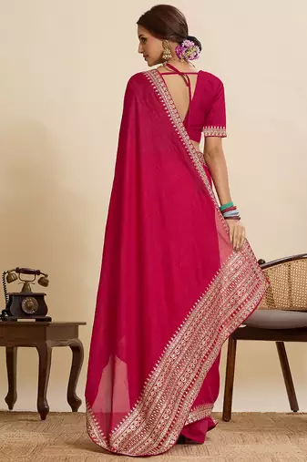 Rani pink embroidered vichitra soft silk bollywood saree with blouse
