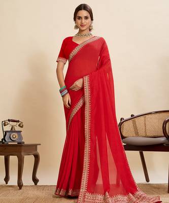 Red embroidered vichitra soft silk bollywood saree with blouse 1