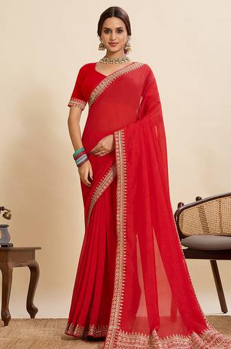 Red embroidered vichitra soft silk bollywood saree with blouse