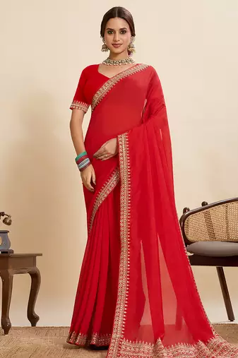 Red embroidered vichitra soft silk bollywood saree with blouse