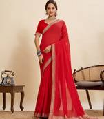 Red embroidered vichitra soft silk bollywood saree with blouse