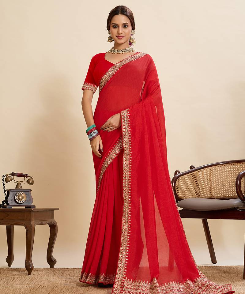 Red embroidered vichitra soft silk bollywood saree with blouse