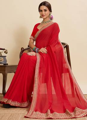 Red embroidered vichitra soft silk bollywood saree with blouse 2