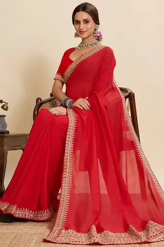 Red embroidered vichitra soft silk bollywood saree with blouse