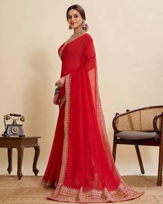 Red embroidered vichitra soft silk bollywood saree with blouse 3